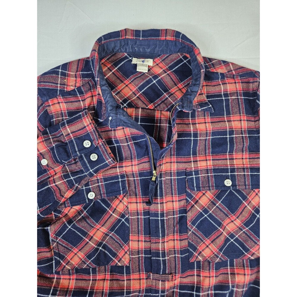 J Crew Shirt Women's Medium Red Flannel Buffalo Check Plaid 1/2 Zip Popover
